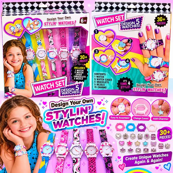 Stylin' Watches DIY fashion craft set square promotional banner showing front and back box photos and five watch styles
