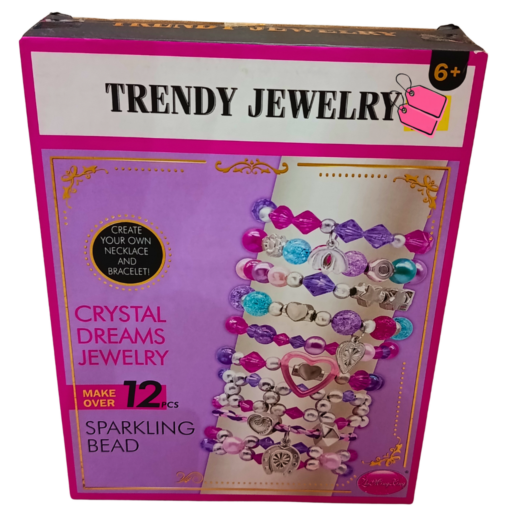 Trendy Jewelry Crystal Dreams DIY jewellery craft set back box ages 6+ showing beaded bracelet and necklace designs
