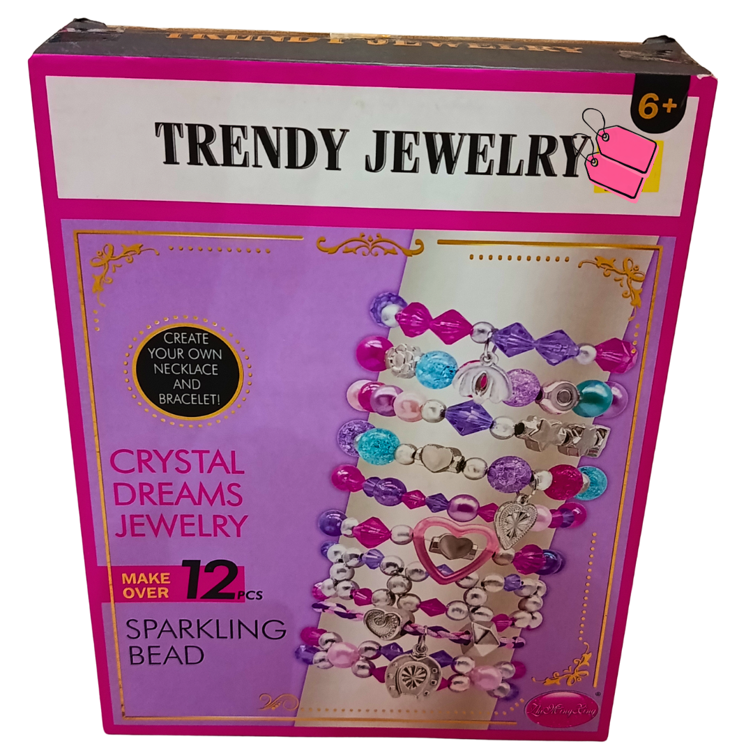 Trendy Jewelry Crystal Dreams DIY jewellery craft set back box ages 6+ showing beaded bracelet and necklace designs