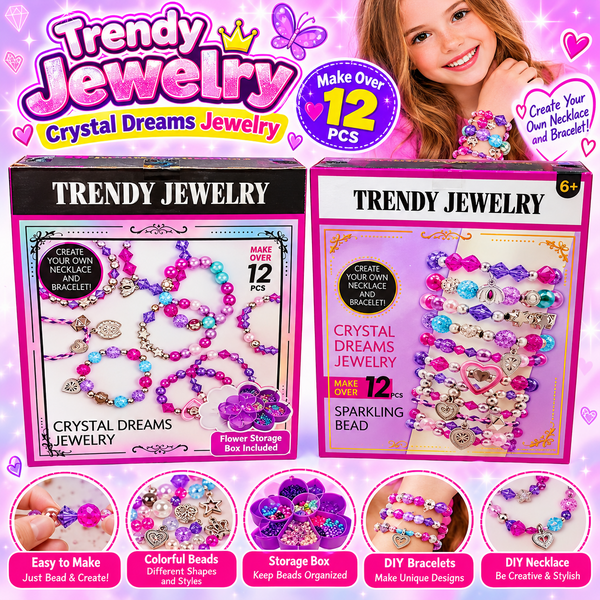 Trendy Jewelry Crystal Dreams necklace and bracelet kit 1:1 promotional banner with original front and back packaging