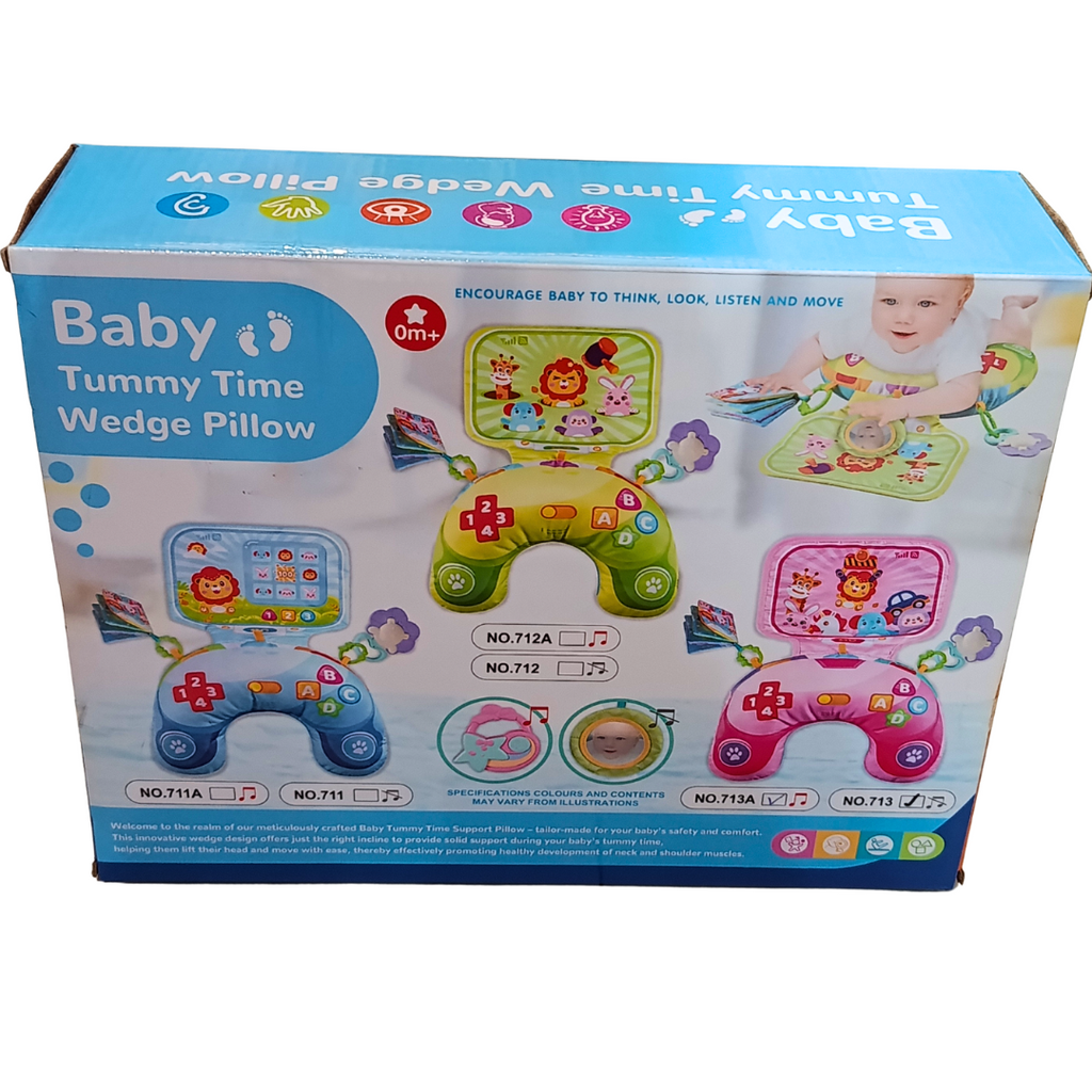 Baby Tummy Time Wedge Pillow packaging showing different models and activities