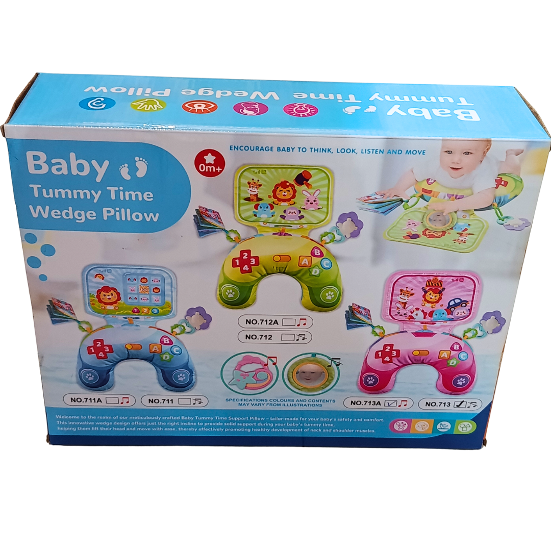 Baby Tummy Time Wedge Pillow packaging showing different models and activities