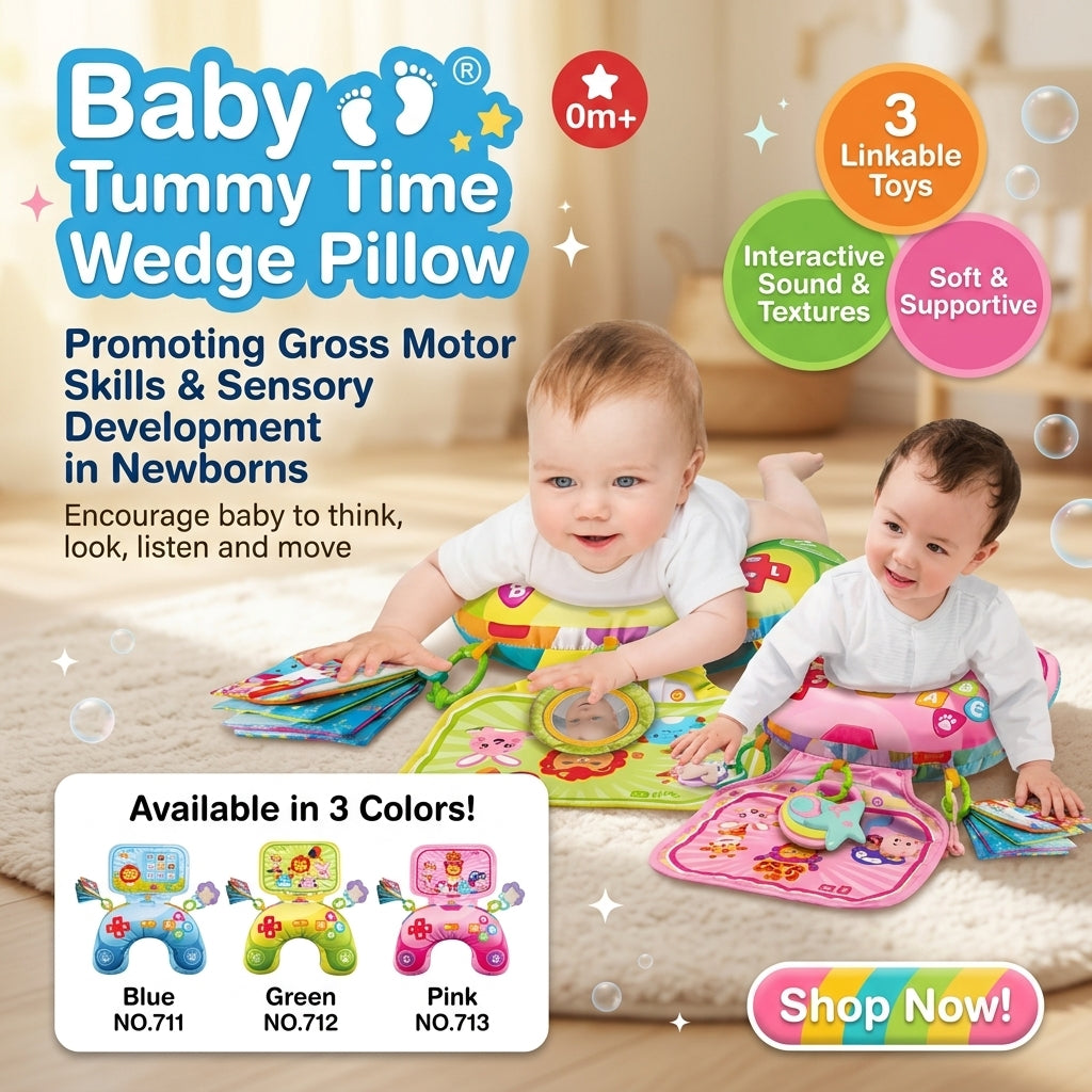 Baby Tummy Time Wedge Pillow promotional illustration showing three pictured colours