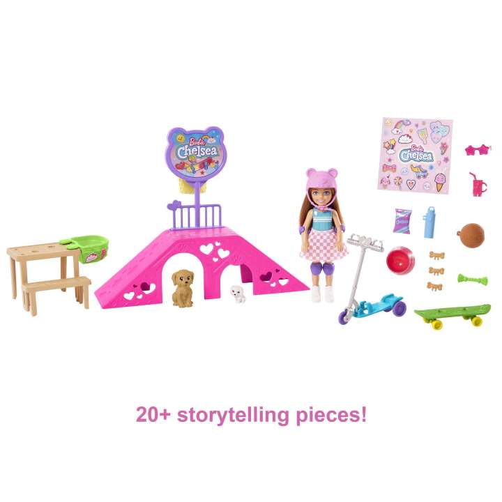 Barbie Chelsea Doll And Accessories, Skatepark Playset With 2 Puppies And 15+ Pieces