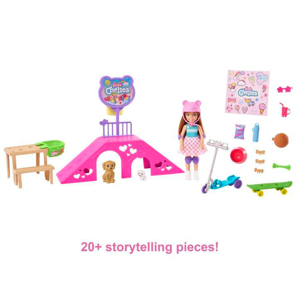 Barbie Chelsea Doll And Accessories, Skatepark Playset With 2 Puppies And 15+ Pieces