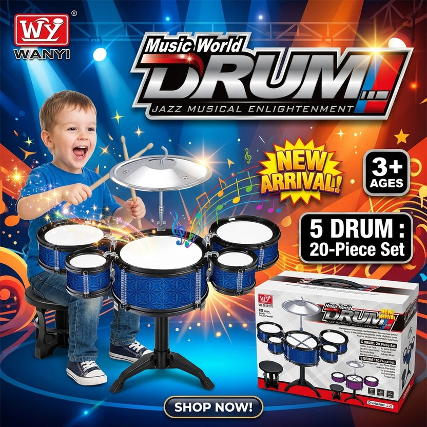WANYI Music World blue drum kit promotional banner Main image