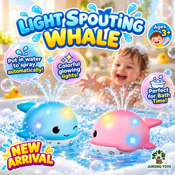 Light Spouting Whale blue and pink bath toy promotional banner