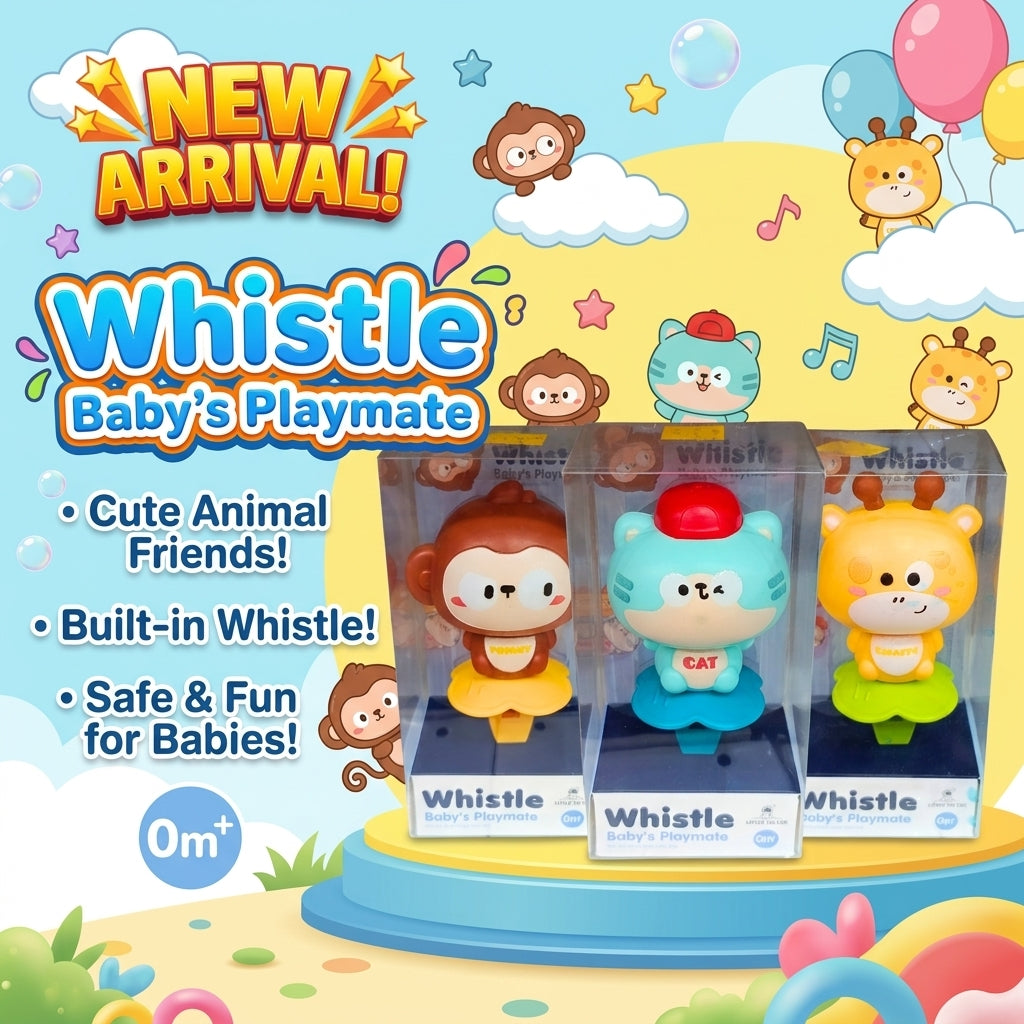 Whistle Baby's Playmate monkey cat and giraffe collection promotional banner