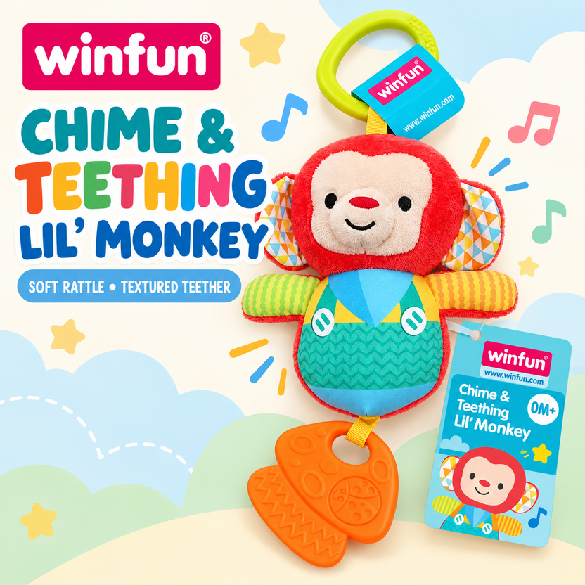 Winfun Chime and Teething Lil Monkey soft rattle with orange textured teether Main image