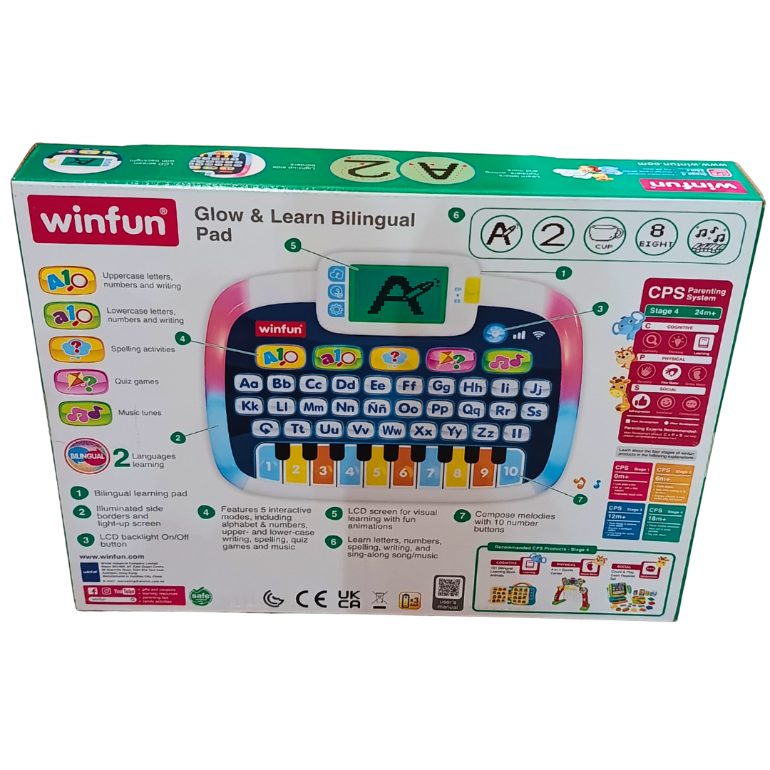 Winfun Glow & Learn Bilingual Pad back packaging with modes and features
