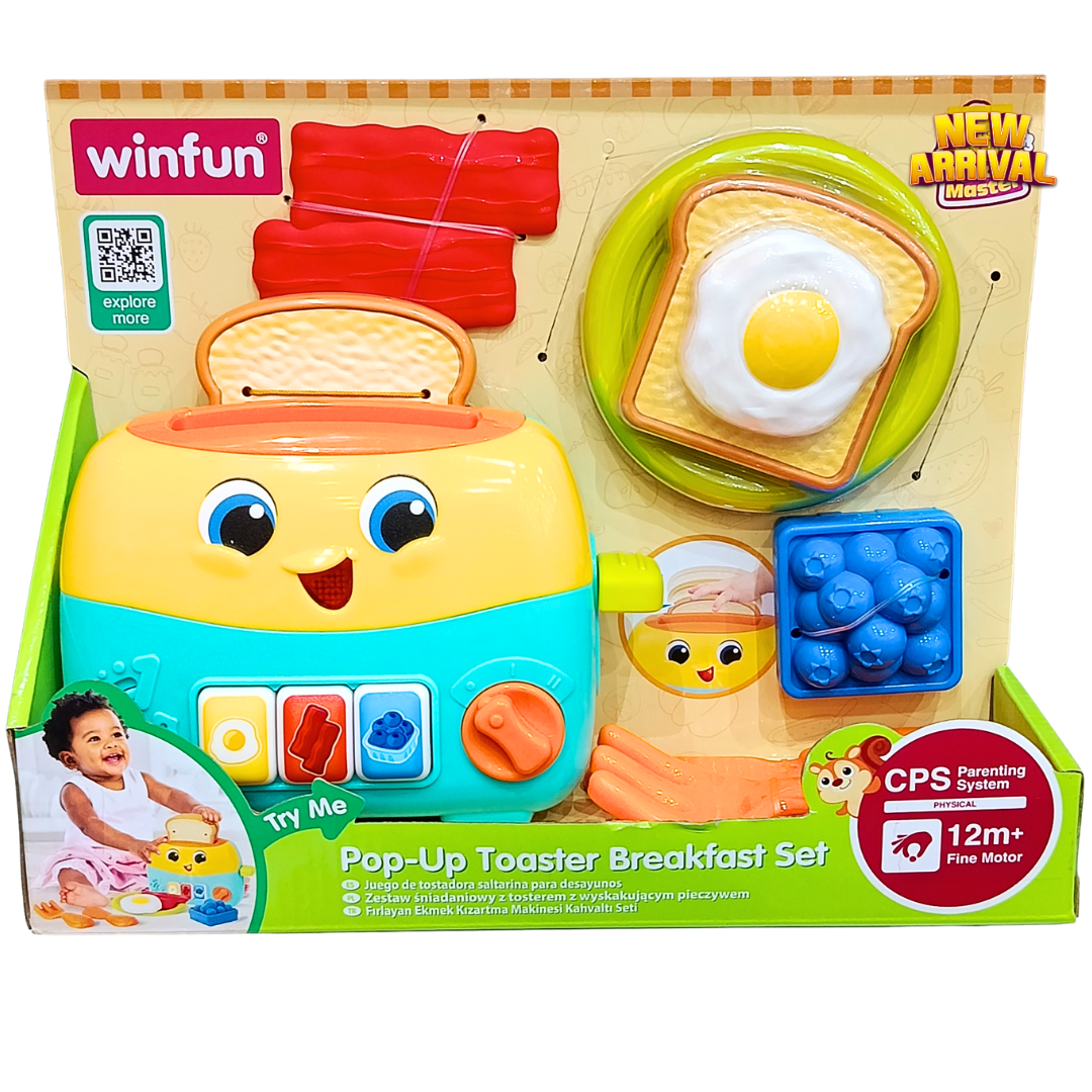 Winfun Pop-Up Toaster Breakfast Set original front package with food accessories
