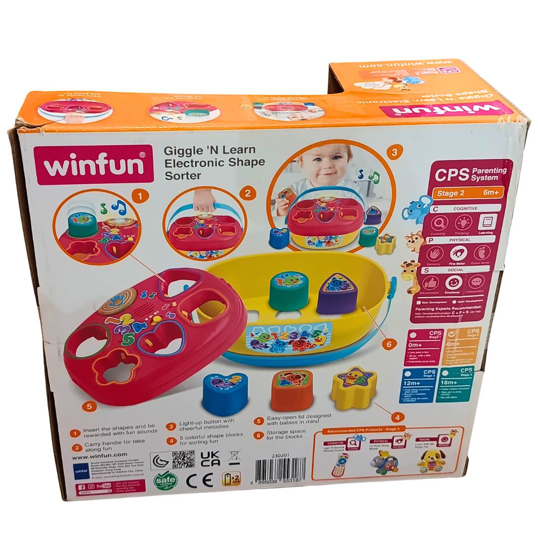 Winfun Giggle N Learn Electronic Shape Sorter back packaging features