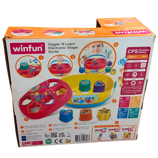 Winfun Giggle N Learn Electronic Shape Sorter back packaging features