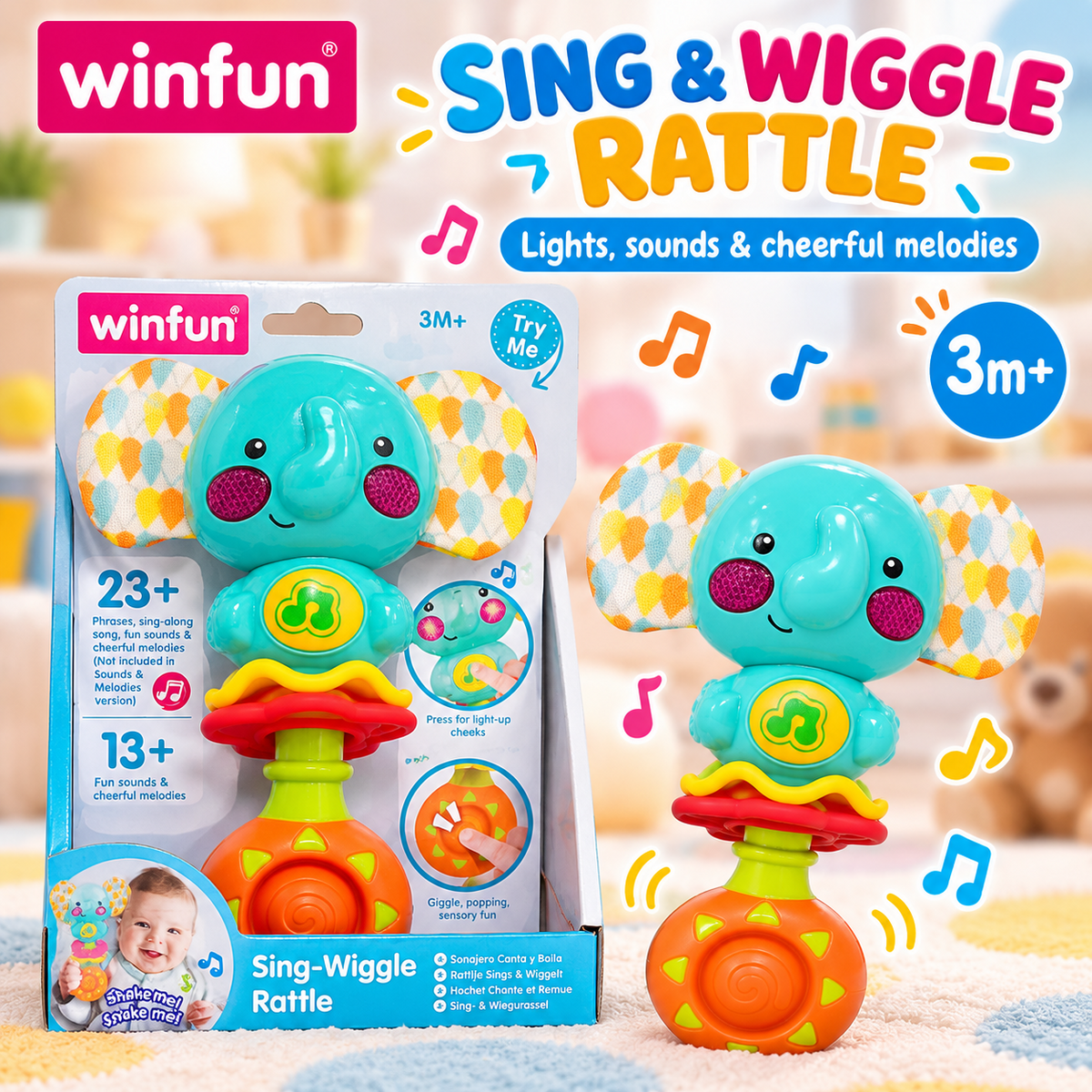 Winfun Sing and Wiggle Rattle turquoise elephant musical baby toy
