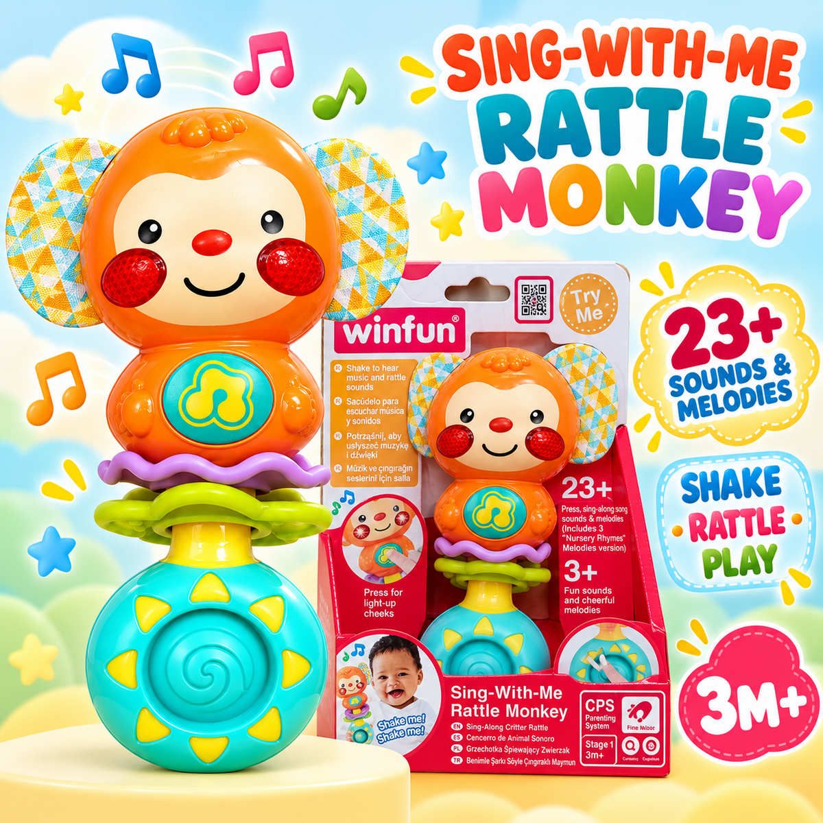 Winfun Sing-With-Me Rattle Monkey orange musical baby toy