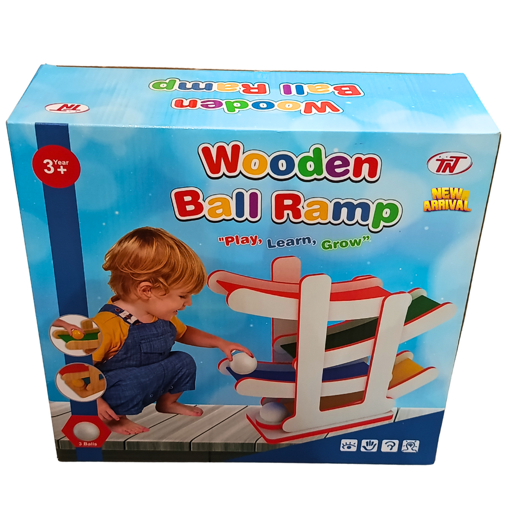 Original TN Wooden Ball Ramp product box showing ramp and three balls