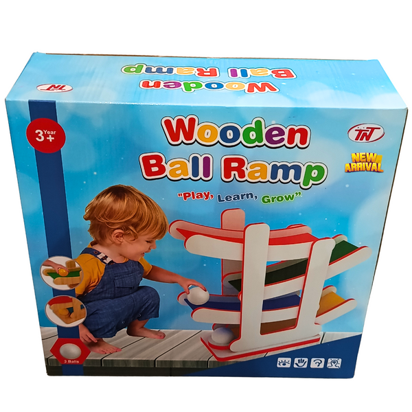 Original TN Wooden Ball Ramp product box showing ramp and three balls