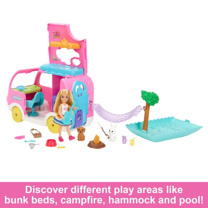 Barbie Camper, Chelsea 2-in-1 Playset With Small Doll, 2 Pets & 15 Accessories