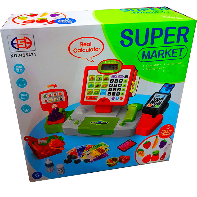 Kid's Delight Supermarket Cash Register Set: Real Calculator, POS Machine, Fruits, Shopping Baskets & More! Main image