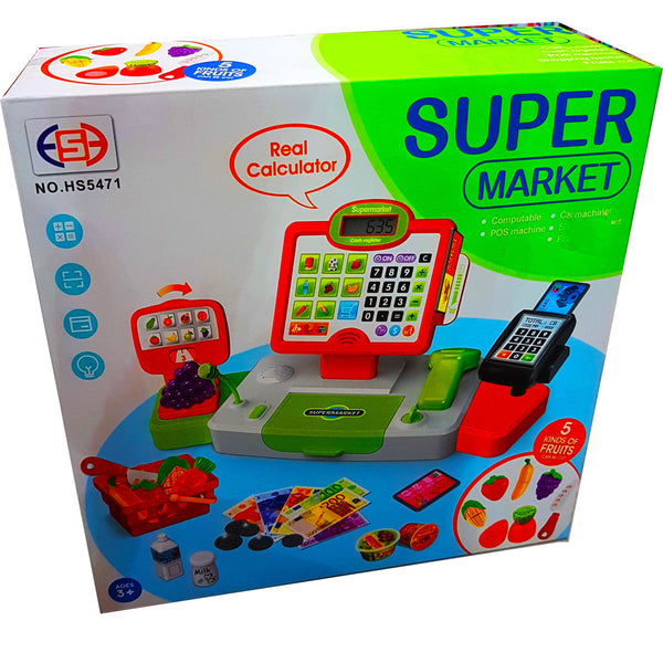 Kid's Delight Supermarket Cash Register Set: Real Calculator, POS Machine, Fruits, Shopping Baskets & More!