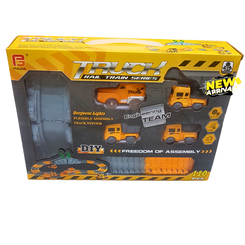🚧 DIY Truck Rail Train Set for Kids – 110-Piece Construction Track Toy with LED Trucks | Engineering Team Playset (Ages 3+) Main image