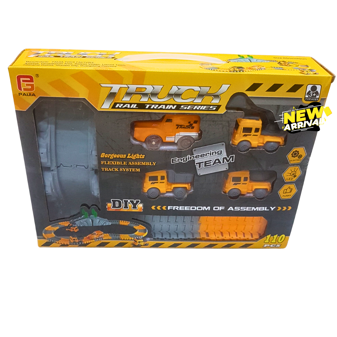 🚧 DIY Truck Rail Train Set for Kids – 110-Piece Construction Track Toy with LED Trucks | Engineering Team Playset (Ages 3+)