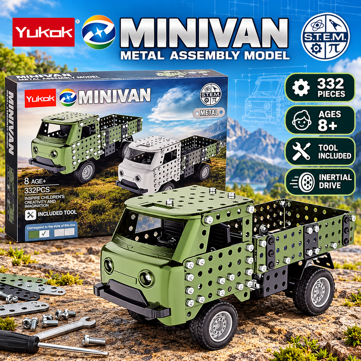 Yukok Minivan 332 piece metal assembly truck building kit green