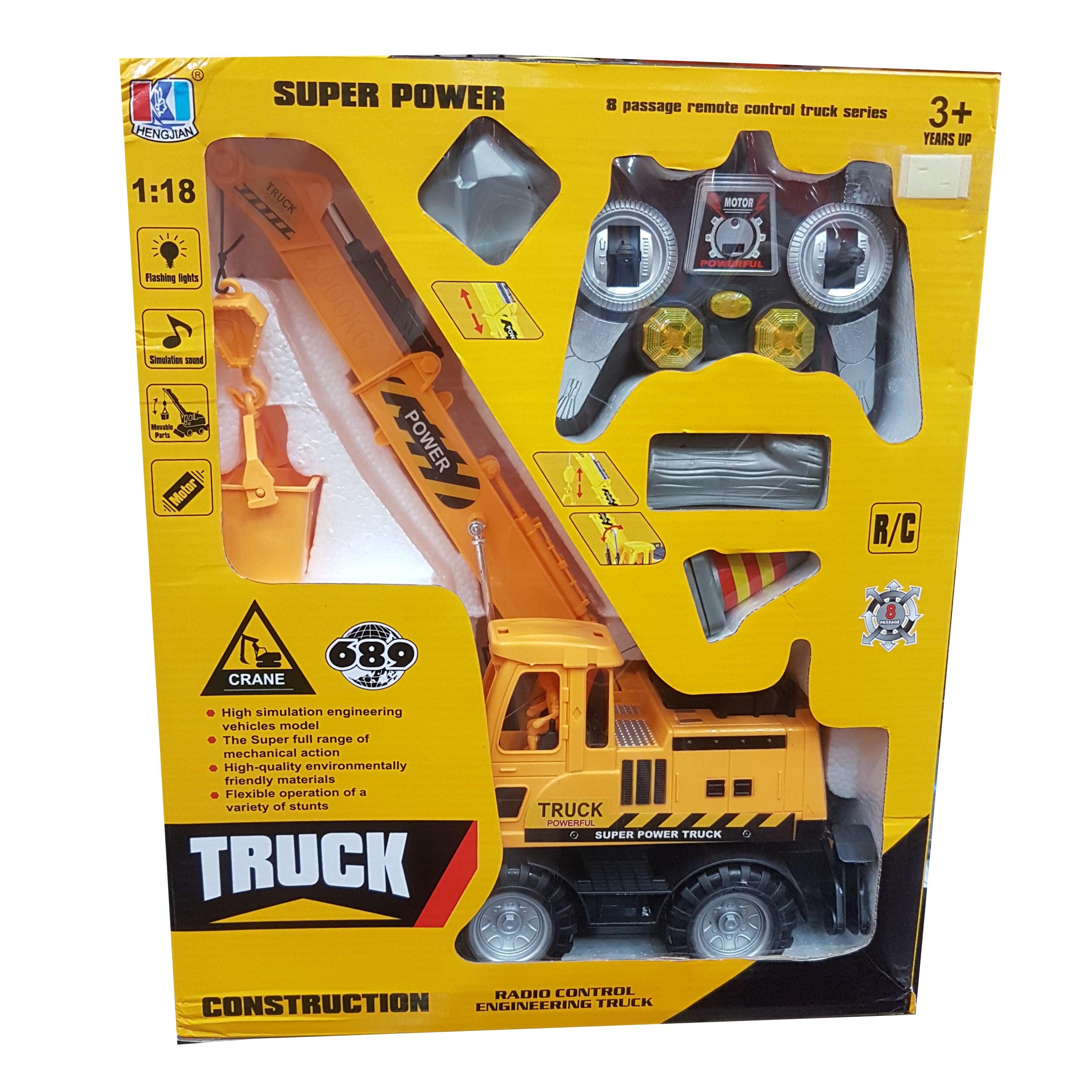 Super Power 1:18 Scale Remote-Control Toy Crane for Kids 3+ Years - Flashing Lights, Realistic Sounds, Moveable Parts, High Simulation Engineering Vehicle Model