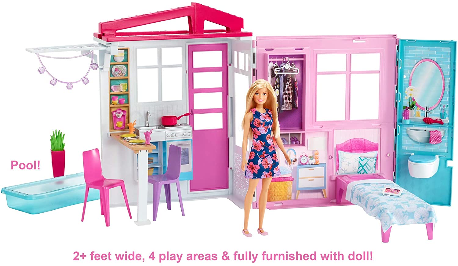 Barbie Doll and Dollhouse, Portable 1-Story Playset with Pool and Accessories