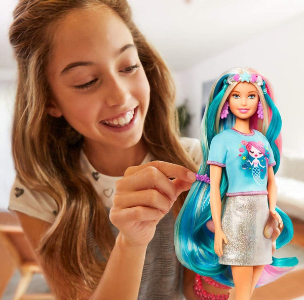 Barbie Fantasy Hair Doll, Blonde, with 2 Decorated Crowns, 2 Tops & Accessories for Mermaid and Unicorn