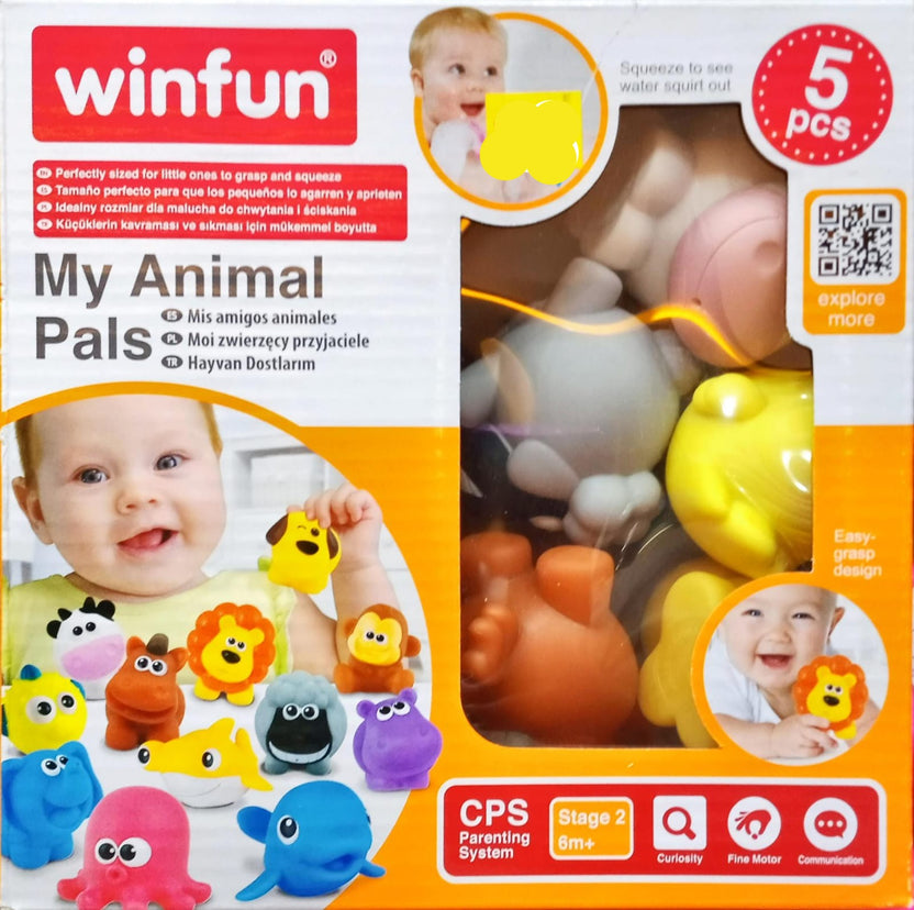 WIN FUN My Farm Pals Set Set of 5 soft animals of the farm to the bathroom and other games. Includes a chick, a sheep, a puppy, a cow and a horse. Designed in children from 6 months when start to associate pictures and sounds. Presented in plastic tube. Main image
