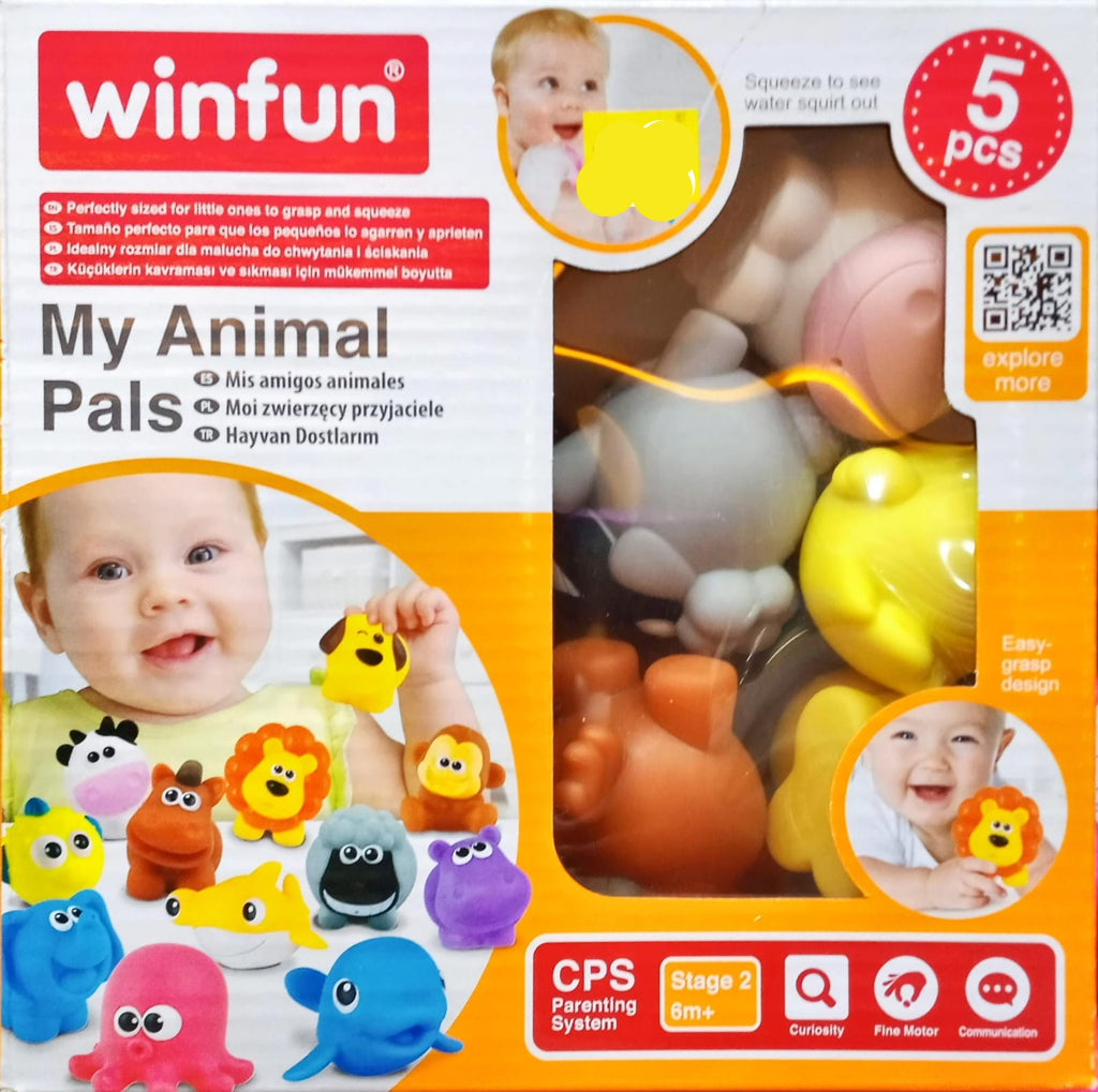 WIN FUN My Farm Pals Set Set of 5 soft animals of the farm to the bathroom and other games. Includes a chick, a sheep, a puppy, a cow and a horse. Designed in children from 6 months when start to associate pictures and sounds. Presented in plastic tube.