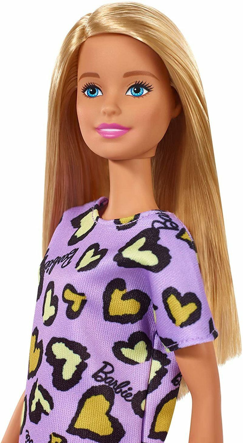 Barbie Doll, Blonde Chic Fashionista GHW49 Wearing Purple Dress / Yellow Hearts