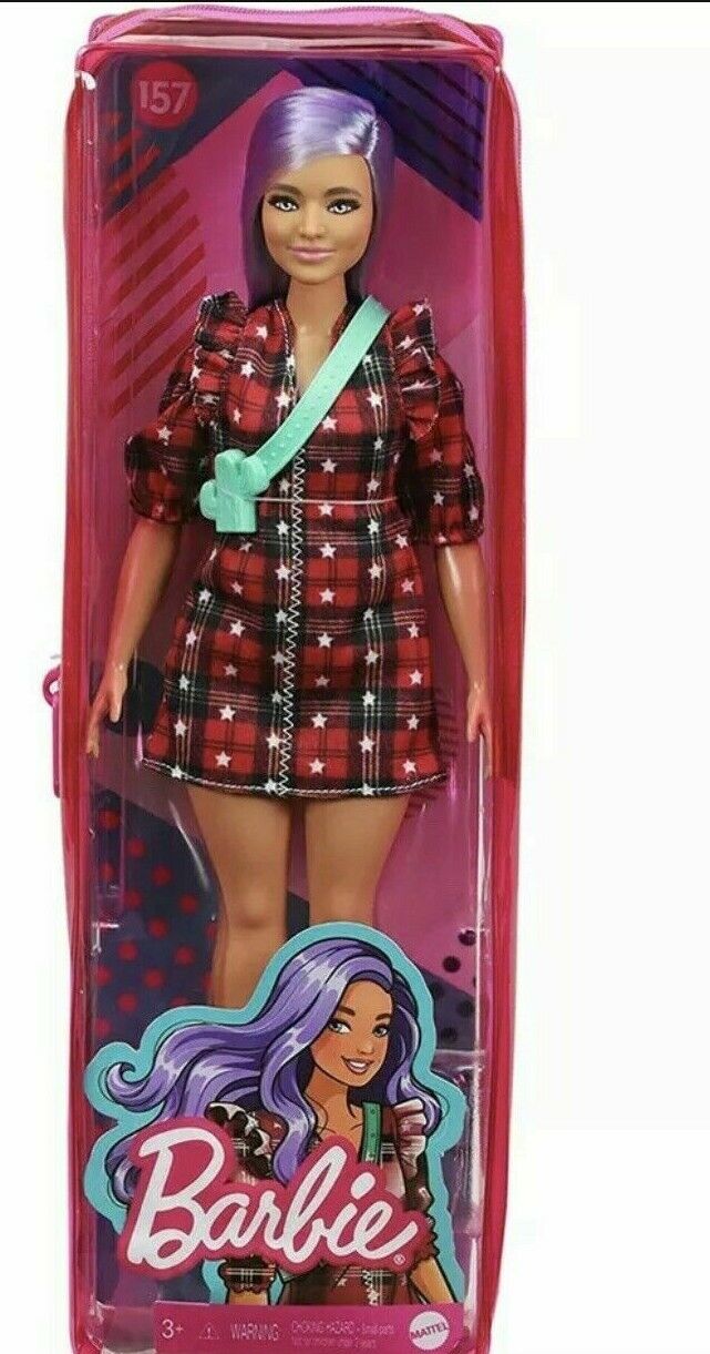Barbie Fashionistas Doll #157 Curvy Lavender Hair Red Plaid Dress 11" New