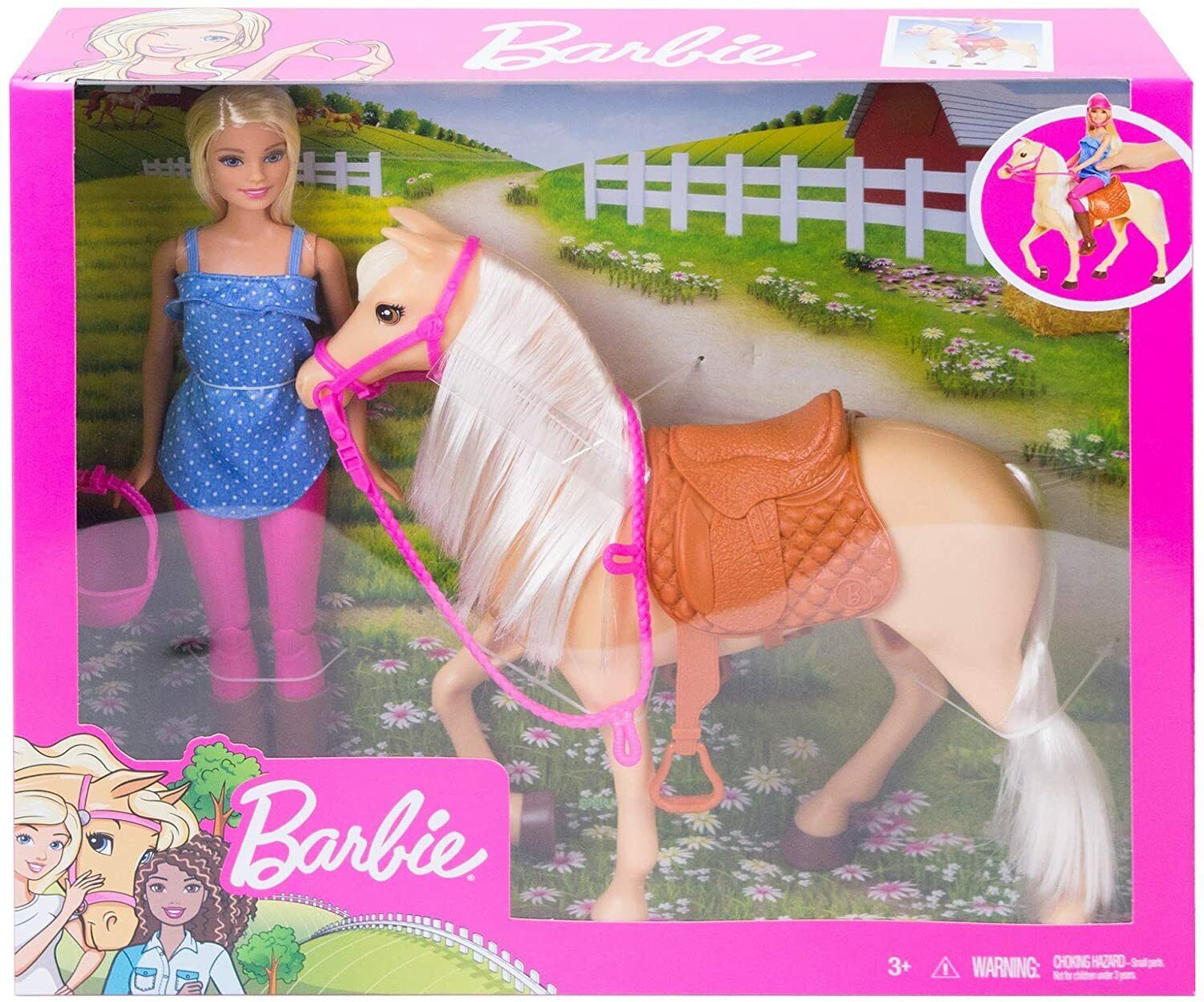 Barbie Doll & Horse Playset, Blonde Hair with Riding Accessories FXH13 GIFT NEW