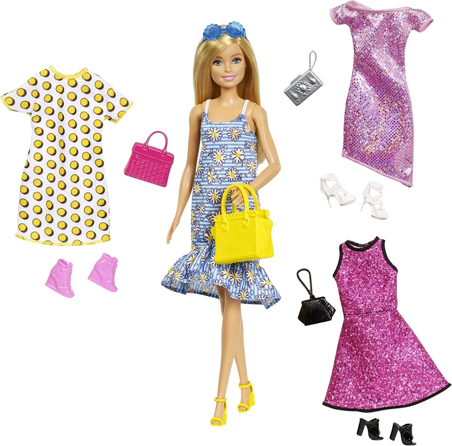 Barbie Doll Floral Dress Yellow Bag with Clothes and Accessories