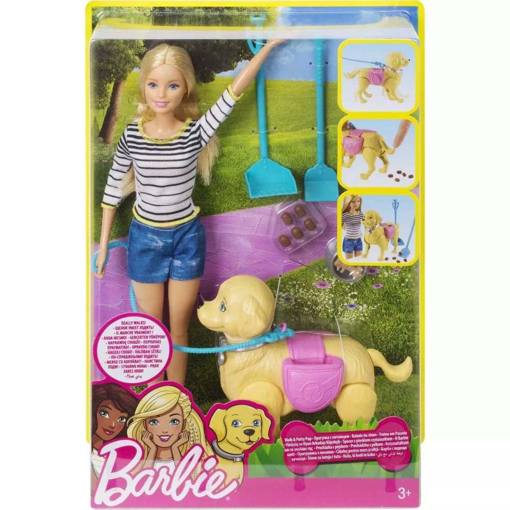 Barbie Walk & Potty Pup Set with Doll & Tail-Activated Pooping Puppy
